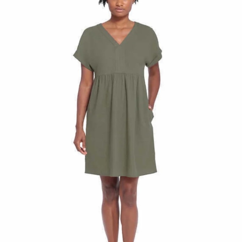 Briggs linen blend loose fit Olive Green V-Neck Dress size Small oversized